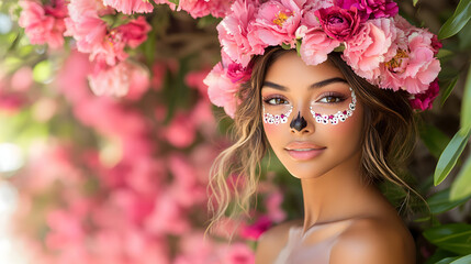 Graceful Mexican Female Model with Traditional Catrina Makeup and Floral Crown for D&Yacute;a de los Muertos Celebration
