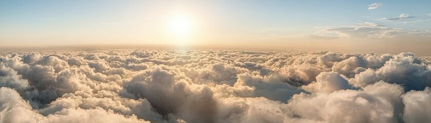 Stunning aerial view of soft clouds illuminated by a bright sun during sunset, creating a serene sky landscape.