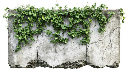 A weathered concrete wall with cracks, adorned by vibrant green ivy, showcasing a blend of nature and urban decay.
