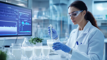A food scientist in a modern lab uses a pipette to analyze milk samples, observing the stratification process, with screens displaying data and lab equipment scattered around.