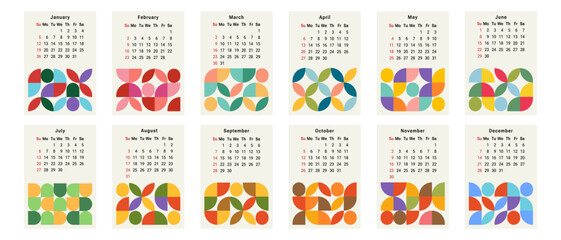2025 calendar with 12-month sheet design. Week starts on Sunday. Desk calendar 2025 design. Vector illustration