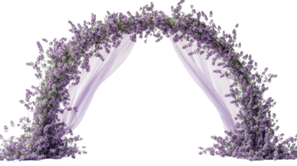 Elegant floral archway with purple blooms and flowing fabric. Transparent background