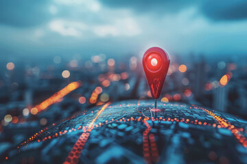 Red map pins to connect cityscapes and networks Indicate the destination of the city on the map.