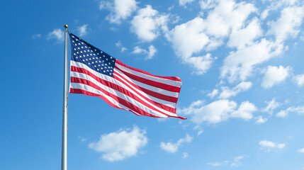 Naklejka premium The American flag flies proudly at half-mast, gently waving in the breeze, symbolizing respect, national pride, and the unity of the American people.