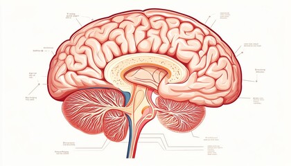 Detailed anatomical illustration of the human brain on a white background.