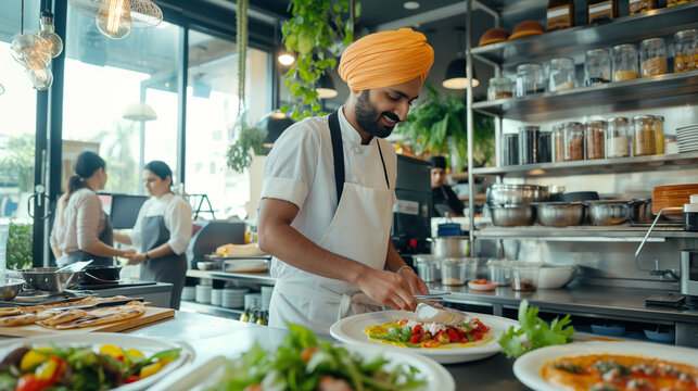 Sikh man wearing a turban, actively engaged in food preparation in a bustling restaurant kitchen