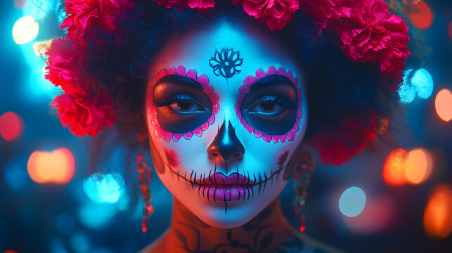 Graceful Mexican Female Model with Traditional Catrina Makeup and Floral Crown for D&Yacute;a de los Muertos Celebration