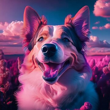 Happy Dogs Portraits Under a Vibrant Sunset Sky