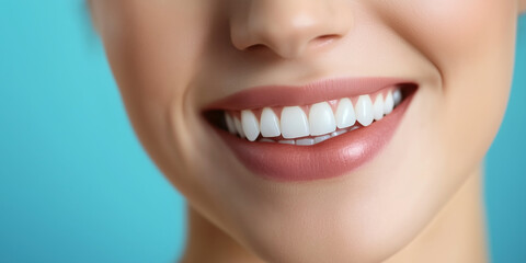 Fototapeta premium The bright white smile of a woman, her lips parted to reveal perfect teeth, set against a serene blue background, symbolizing dental health and self-confidence.