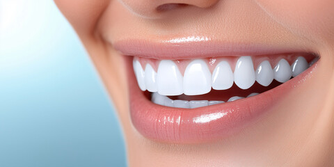 Obraz premium Close-up of a woman's wide, healthy smile with bright white teeth, with a soft blue blur in the background, enhancing the feeling of confidence, freshness, and dental care.