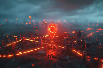 Red map pins to connect cityscapes and networks Indicate the destination of the city on the map.