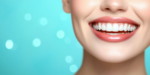 Obraz premium A radiant smile with pristine white teeth highlighted, set against a beautifully blurred blue background, symbolizing dental beauty and confident expression.