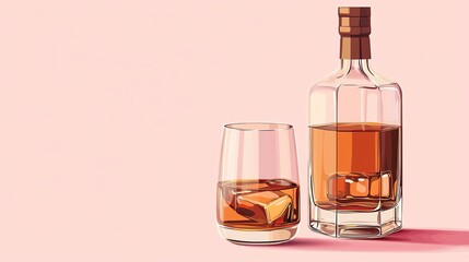 A stylish whiskey bottle and glass on a pastel background, showcasing luxurious beverage enjoyment.