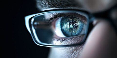 The detailed reflection of a human eye wearing glasses in close-up, with crisp light shining on the lens surface, capturing the essence of clarity and vision correction.