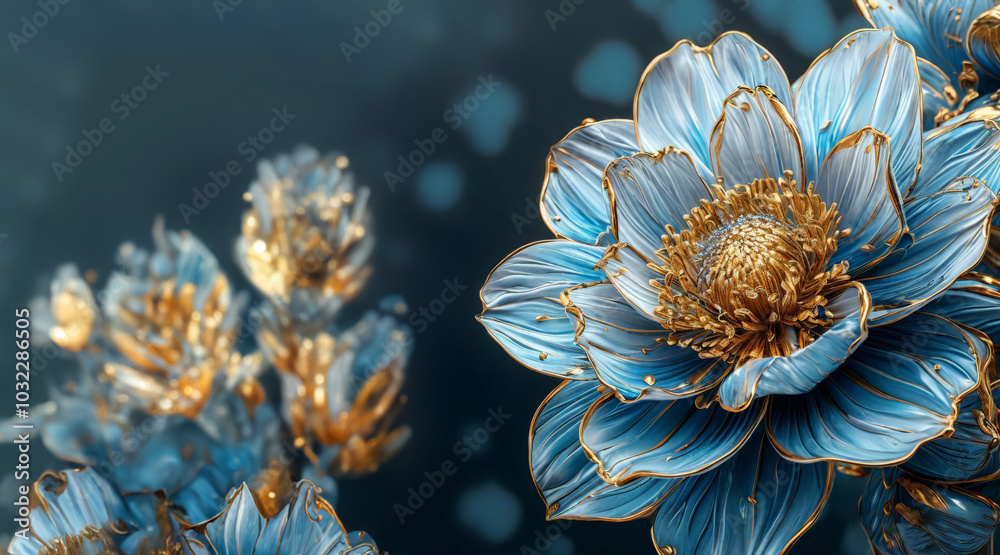 Wall mural blue and gold clear crystal peonies.