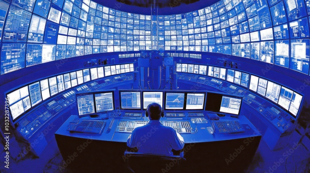 Poster A man sits in a control room with numerous screens displaying data
