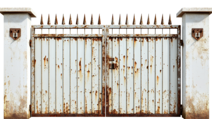 A rusty, weathered gate with spikes, showcasing signs of age and neglect, set against a transparent background.