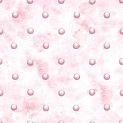Seamless pattern with perls on pink stains. Polka dot print. Hand drawn watercolor illustration. Companion fabric with delicate children's print. Ornament for girly theme. Template for wrapping, cover