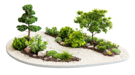 Miniature garden design with various plants and decorative stones. Transparent background