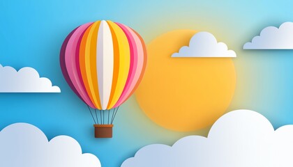 A colorful hot air balloon soaring in a clear blue sky surrounded by fluffy clouds and a shining sun.
