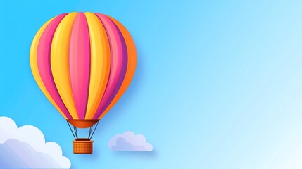 Naklejka premium Colorful hot air balloon soaring through a clear blue sky with clouds, perfect for travel and adventure themes.