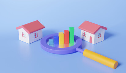 3d render Search magnifying graph growth borrow money debt rent loan house residential relocation buying building home for family, property financial business on blue background. illustration elements