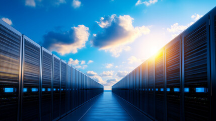 A row of battery storage units basking in the sunlight, their sleek designs standing against a wide blue sky, capturing the essence of clean energy and environmental stewardship.