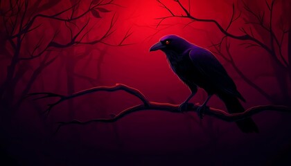 Fototapeta premium A dark raven perched on a branch against a mysterious red and black background, evoking a sense of intrigue and nature's beauty.