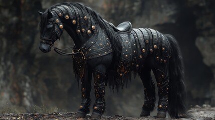 Black armored horse. Hyperrealism