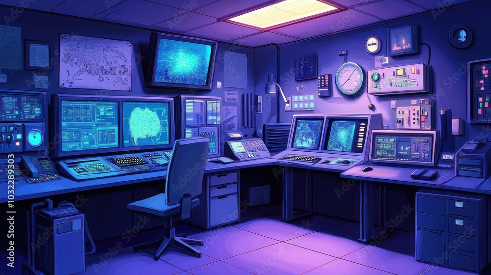 Poster a purple-lit control room with multiple monitors and desk