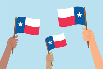 Diverse people hands raising flags of Taxes. Vector illustration of Taxes flags in flat style on blue background.