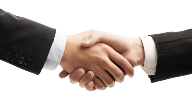 Two hands shaking, symbolizing partnership and agreement. Transparent background