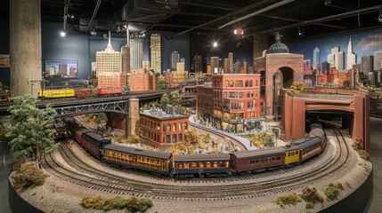 Detailed Model Train Layout with Cityscape Backdrop