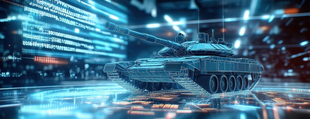 A futuristic tank displayed on a digital interface, showcasing advanced technology and design elements. Ideal for military and tech themes.