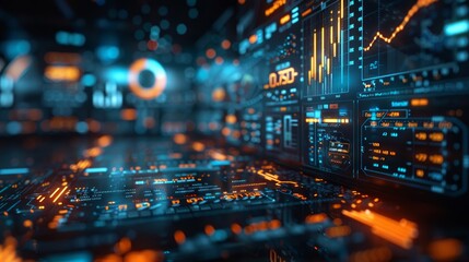 Fototapeta premium A futuristic, abstract representation of data and technology, with glowing orange and blue lines and digital displays.