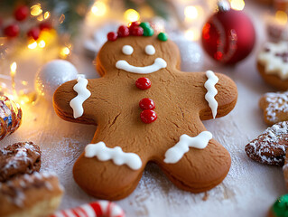 A cheerful gingerbread man cookie stands on a festive table surrounded by Christmas lights, candy canes, pinecones, and seasonal decorations.