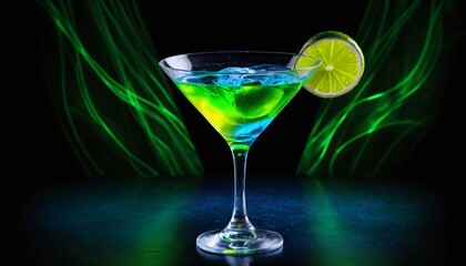Martini with lime, blue and green cocktail in a martini glass with green light reflection.