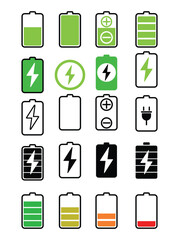 Battery icon set. Battery Full charge indicator or low charge sign.