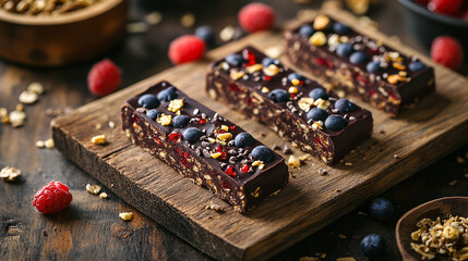 Protein bars on a wooden board nutritious and rich