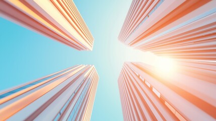 Skyscrapers reaching towards a clear blue sky during the golden hour in an urban setting, showcasing modern architecture.