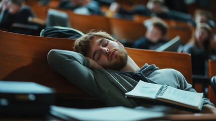 Tired student sleeping at desk in classroom during lesson with blurred classmates in background