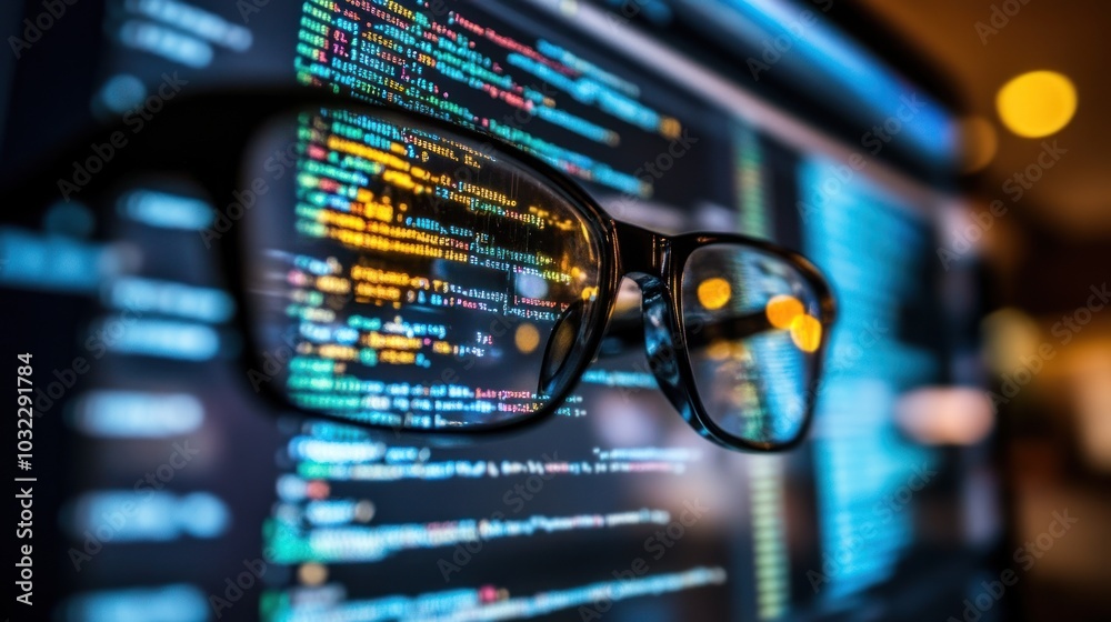 Poster Glasses Reflecting Colorful Code on a Computer Screen