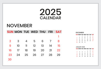 Calendar for November 2025. Vector design template. Vector illustration. Planer design for personal and business use