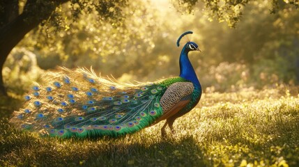 Obraz premium An Indian peacock strutting across a grassy field, with detailed feathers fanned out in sunlight.