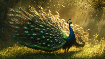 Obraz premium An Indian peacock strutting across a grassy field, with detailed feathers fanned out in sunlight.