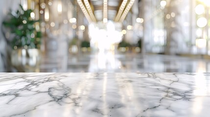 Fototapeta premium A detailed shot of a white marble table top, showcasing its smooth texture against a creatively blurred background.