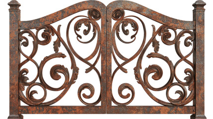 An ornate, rusted iron gate featuring intricate scrollwork and decorative elements, set against a transparent background.