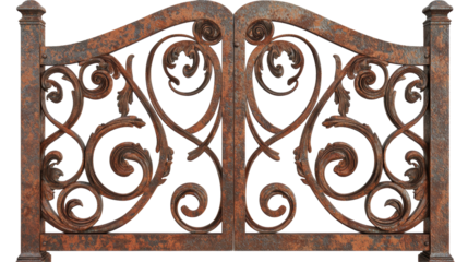 An ornate, rusted iron gate featuring intricate scrollwork and decorative elements, set against a transparent background.