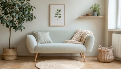 A serene modern living room featuring a colorful sofa, greenery, and minimalistic decor. Perfect for showcasing contemporary interior design trends.