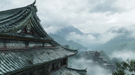 An intricate Japanese temple rooftop with detailed carvings, set against the backdrop of a cloudy sky and mountains.